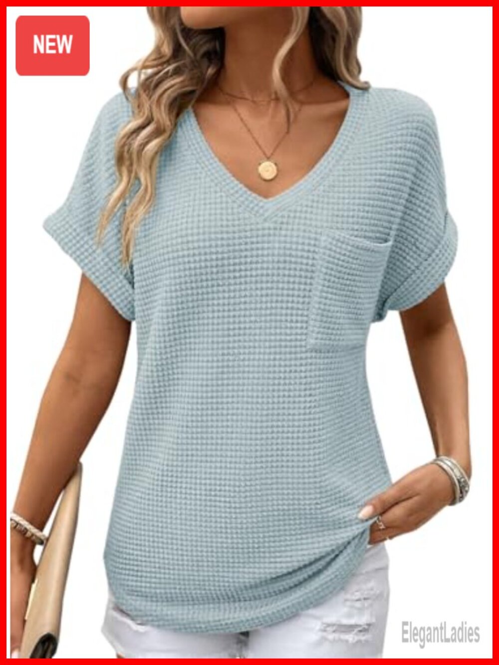 Waffle Knit Short Sleeve V Neck Tunic Top Loose Fit Basic Tee